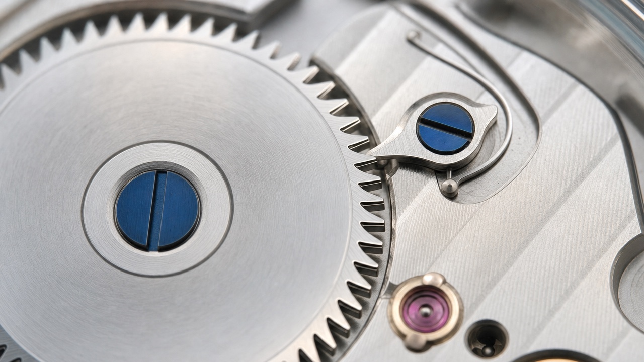 Mouvement de montre en gros plan : une roue à dents d'acier, le cliquet à ressort qui retombe dans ses dents, sa vis bleuie, et la platine qui les porte