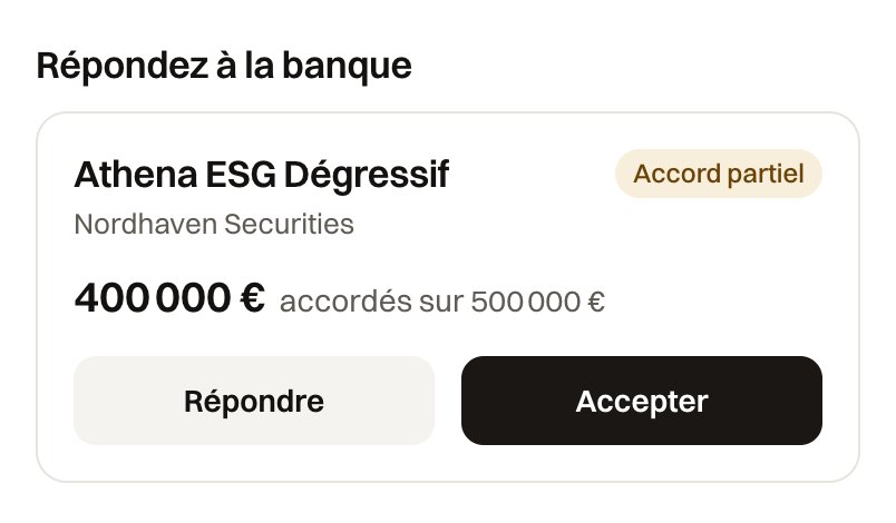 Réponse de la banque dans Kliquet : un accord partiel de 400 000 € sur 500 000 €, avec les boutons Répondre et Accepter