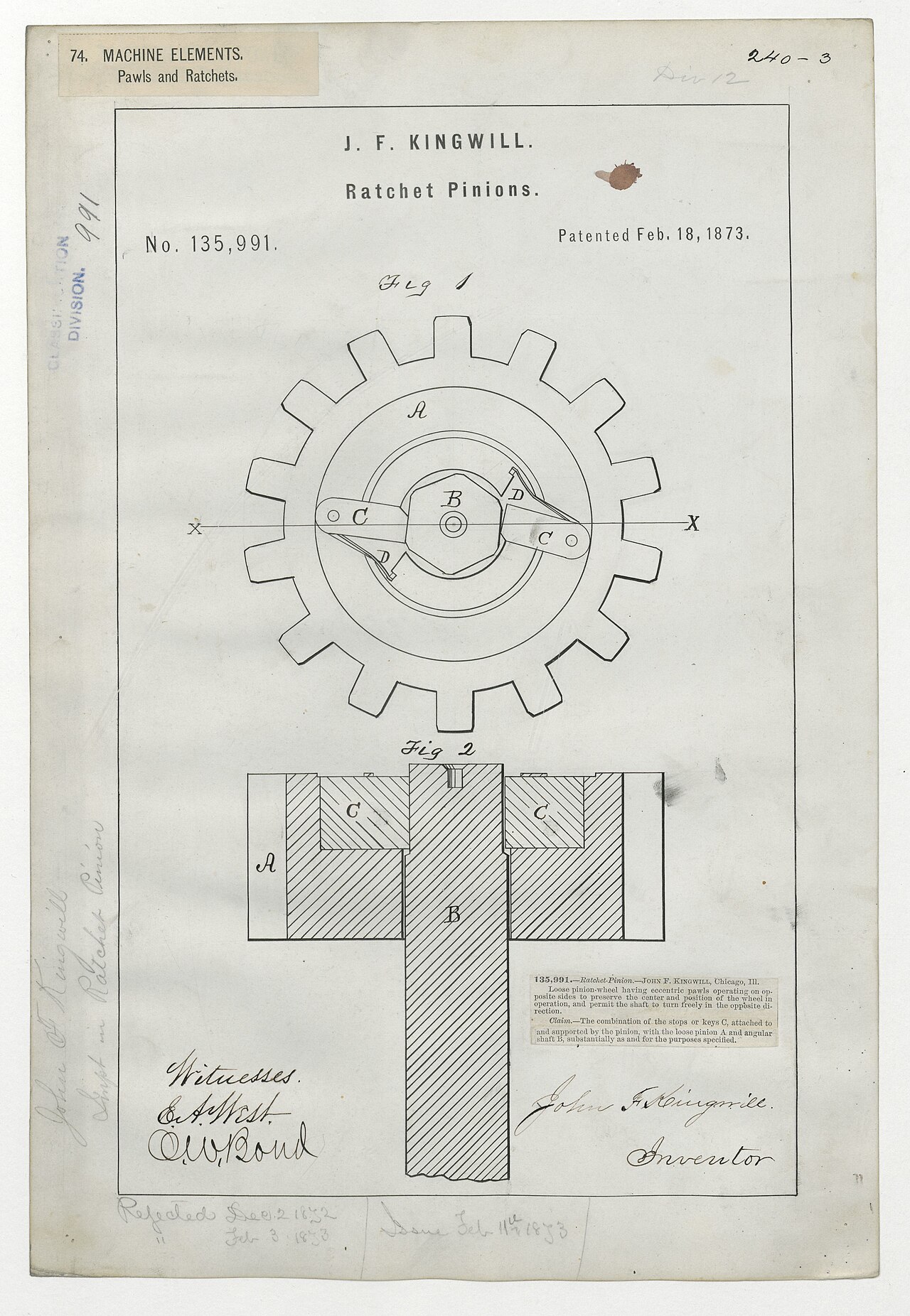 Planche de brevet de 1873 : une roue dentée et ses deux cliquets, vue de face et en coupe