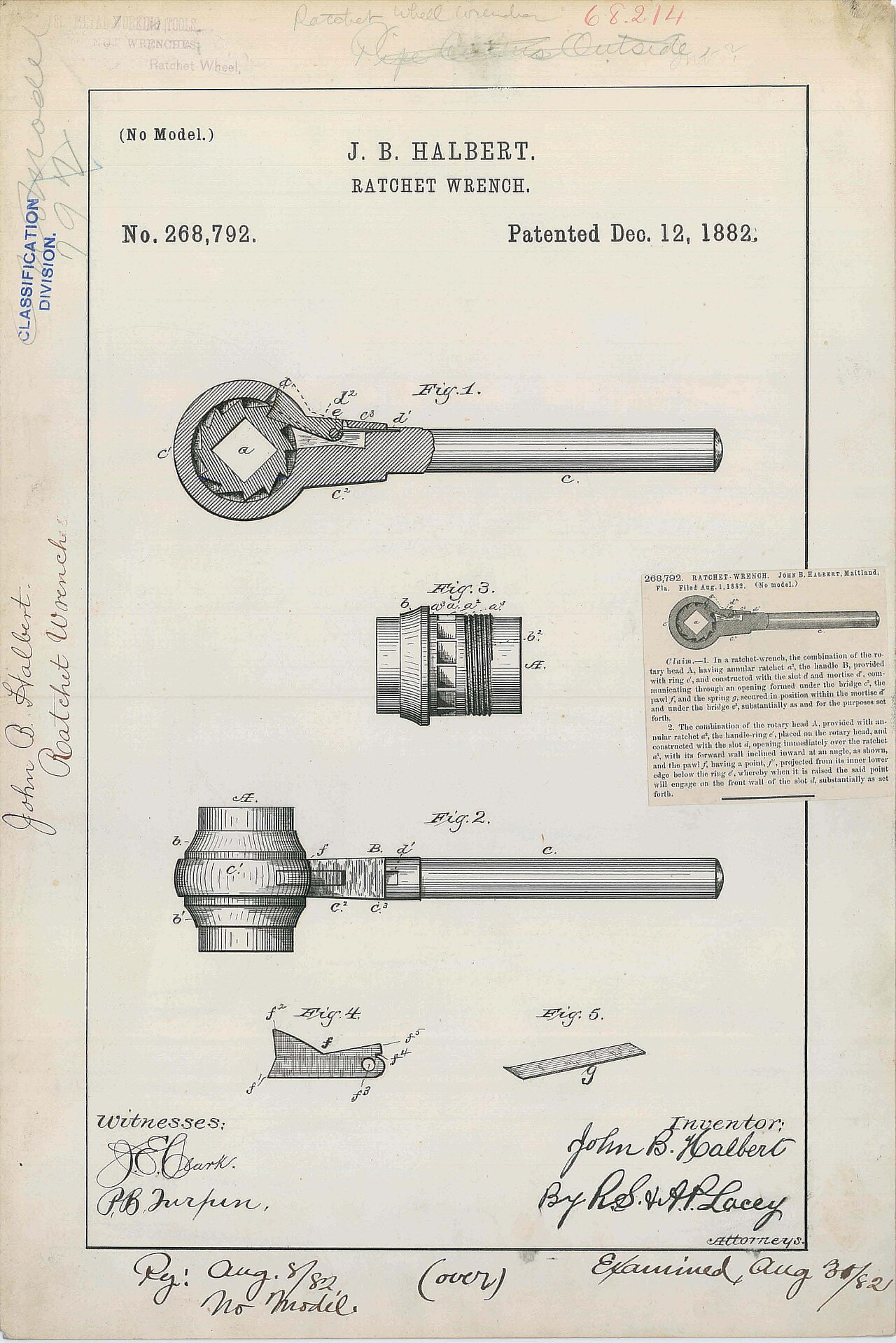 Planche de brevet de 1882 : une clé à cliquet, sa roue à rochet et son cliquet dessinés en détail